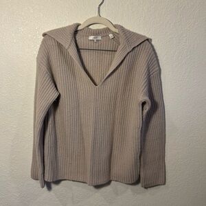 VINCE Tan Cashmere & Wool V-Neck Collared Preppy Soft Knit Sweater Size Small